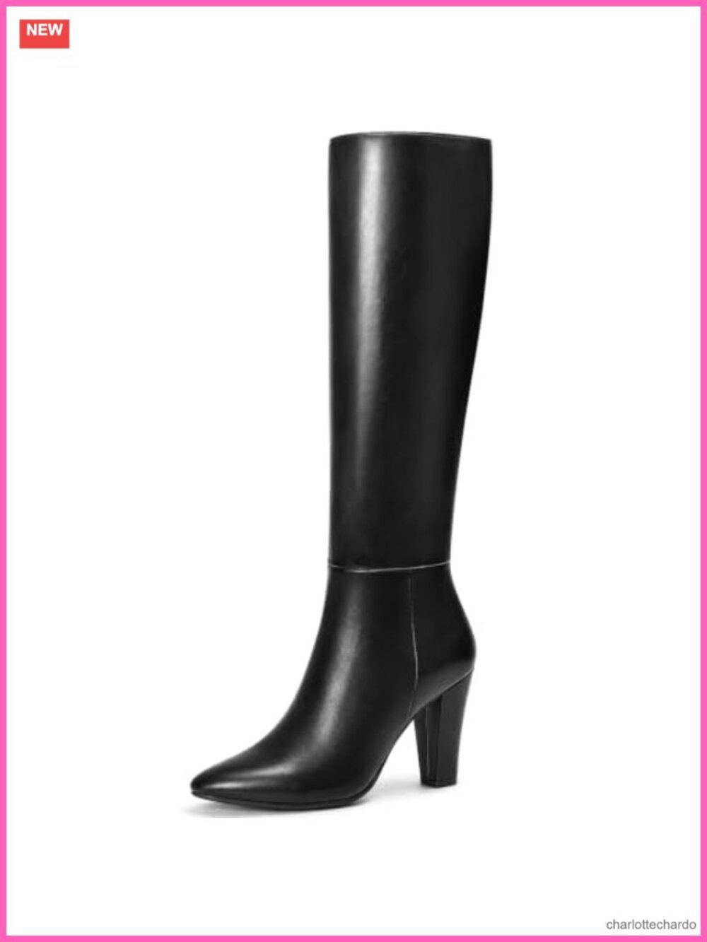 Faux Leather Knee High Chunky Heel Boots Pointed Toe Zip